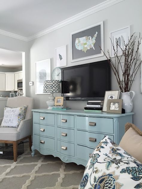 This post will give you some of my favorite tips and tricks on how to decorate around your TV and still make your room look gorgeous! | Design Dazzle Dresser Top Decor, Bedroom Dresser Styling, Smart Living Room, Dresser Styling, Top Decor Ideas, Dresser In Living Room, Cheap Living Room Furniture, Bedroom Tv, Surf Decor