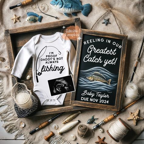 🐟🎣 Cast your excitement with our Future Fishing Buddy Pregnancy Announcement! Perfect for outdoorsy families, this digital template is an adorable way to share your baby reveal. Download now and share the joy! ** DEMO LINK **  https://www.corjl.com/d/2IC68B 🚀 Demo this item now! Get a sneak peek of the editing experience before purchasing. Simply copy and paste this link into your web browser to access a demo version where you can preview all customizable elements. See first-hand how easily y Fishing Baby Announcement, Fishing Pregnancy Announcement, Fishing Baby, Fun Baby Announcement, O Fish Ally, Cute Pregnancy Announcement, Baby Announcement Pictures, Baby Announcement Photos