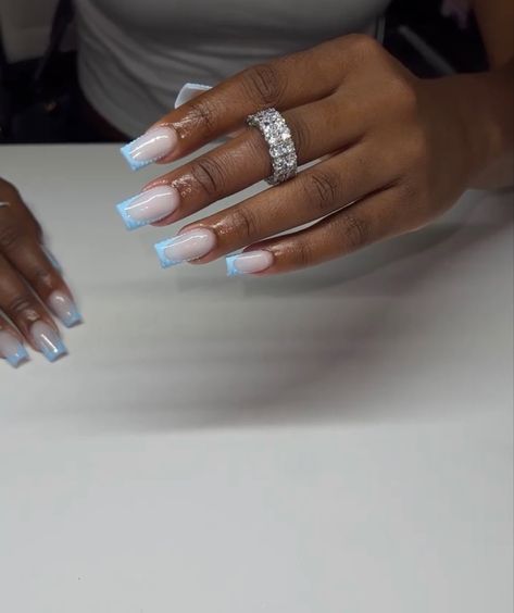 White Nail Blue French Tip, Icy Blue French Tip Nails, Short White And Blue Nails, White Nails Blue Design, Gel X Nails Blue, White And Blue French Tip, Short Blue French Tip Nails, Enid Nails, Baby Blue French Tip Nails