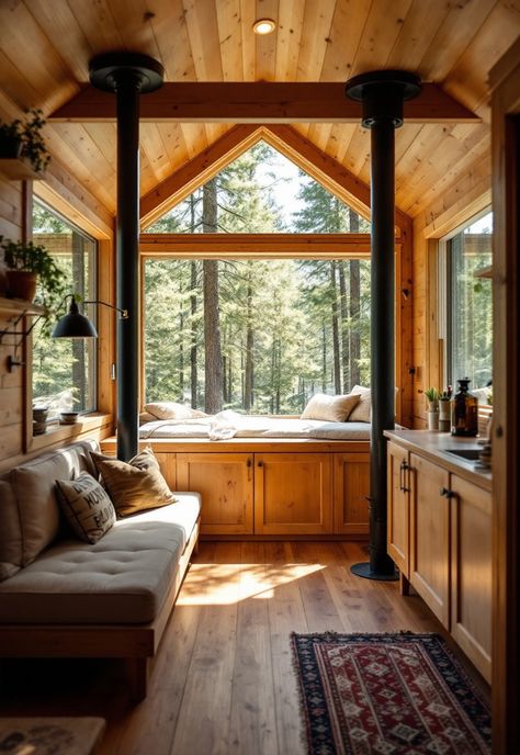 Small Cabin Interior Ideas Small Chalet Interior, Small Modern Cabin Interior, Small Cabin Interiors Cozy, Little Cabin Interior, Cabin Loft Ideas, Rustic Tiny House Interior, Cabins In The Woods Interior, Rustic Tiny House Cabin, Cabin Interiors Cozy