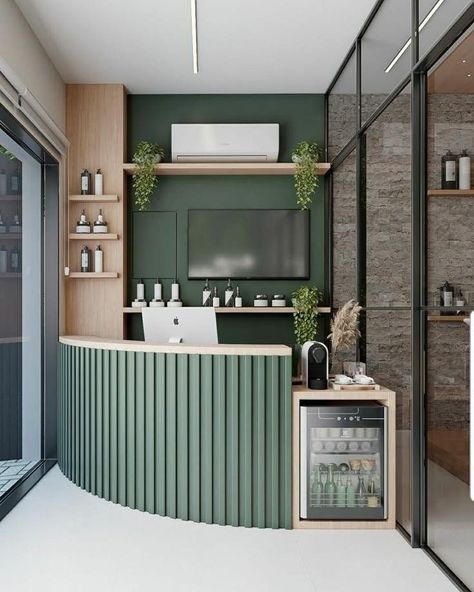 Green Spa Interior Design, Beauty Salon Cafe Bar, Coffee Reception Design, Cafe Salon Interior Design, Spa Office Decor Interior Design, Spa Coffee Bar, Salon Reception Ideas, Spa Retail Display Ideas, Small Waiting Room Design