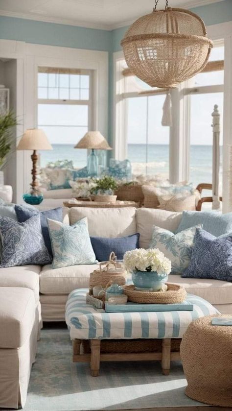 Beach House Decor Living Room, Beachy Living Room, Beach Theme Living Room, Coastal Decorating Living Room, Beach Living Room, Beach House Living Room, Beach House Interior Design, Living Room Setup, Coastal Living Rooms