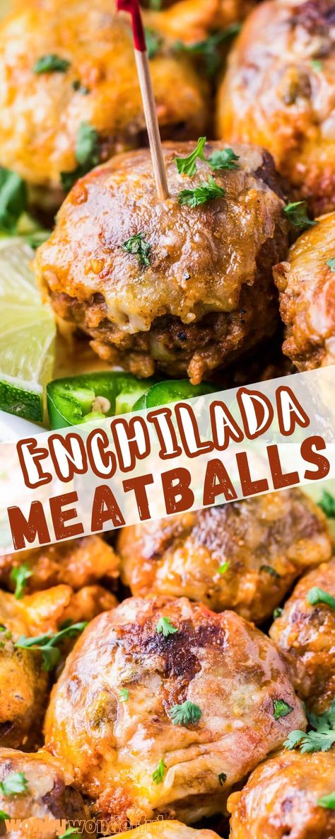 Make ENCHILADA MEATBALLS for a fun twist to a favorite family dinner. Juicy meatballs swimming in enchilada sauce then smothered in melty cheese. Enchilada Meatballs Crockpot, Enchiladas Meatballs, Tex Mex Meatballs, Pasta Balls, Enchilada Meatballs, Dinner Meatballs, Party Appetizer Dips, Latino Recipes, Juicy Meatballs