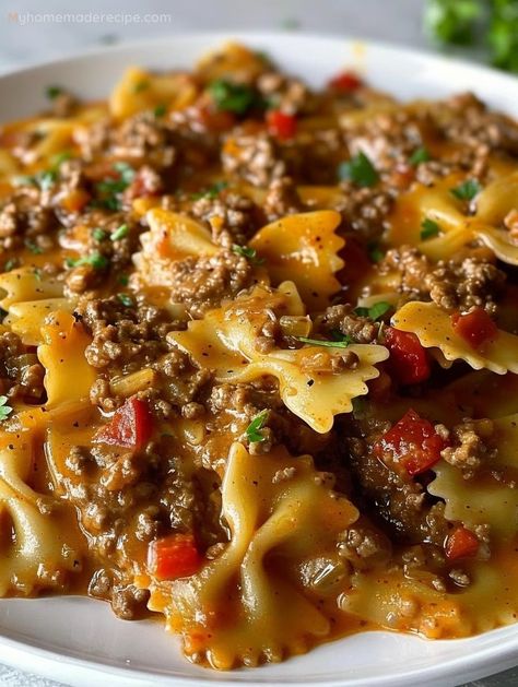 Delicious Homemade Hamburger Helper: A Family Favorite - Skod Comfort Food Recipes With Ground Beef, Hamburg Pasta Recipes, Homemade Hamburger Helper Beef Pasta, Hamburger Noodles Recipes, Ground Beef Bowtie Pasta Recipes, Meal With Hamburger Meat, Easy Hamburger Meat Recipes, Recipes With Hamburger Meat, Hamburger Recipes For Dinner