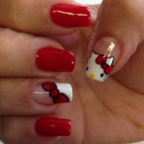 Very Short French Tip Nails With Design, Cute Nails For Winter Short, Hello Kitty Nails Short Easy, Square Nail Ideas Short, Fall Unique Nails, Hello Kitty Nails French Tip, Christmas Sanrio Nails, Nail Ideas For Kids Cute, French Tip Nails Hello Kitty