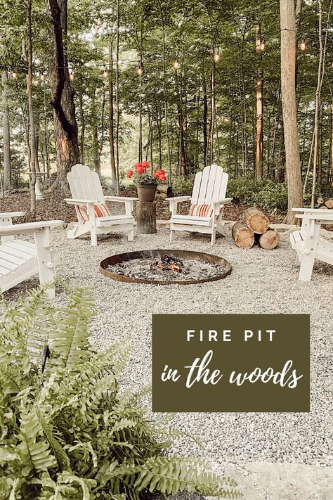 Dirt Fire Pit Area, Fire Pit Ideas Backyard Wooded Area, Pea Gravel Around Fire Pit, Fire Pit With Gravel Around It, Rock Garden Fire Pit Area, Best Rock For Fire Pit Area, Fire Pit With Stones Around, Rock Around Fire Pit, Pea Stone Fire Pit Area