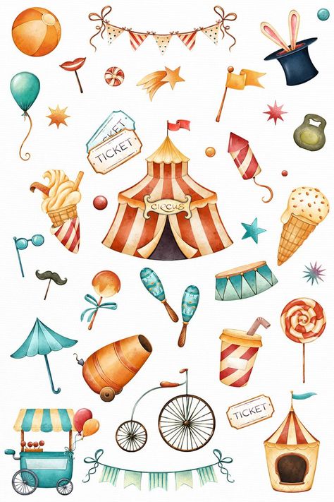 Carnival Clipart, Circus Clipart, Holiday Clip Art, Circus Illustration, Circus Design, Clipart Birthday, Party Cartoon, Retro Birthday, Circus Art