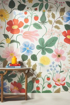 Rifle Paper Co. Strawberry Fields Mural | Anthropologie Mural Wall Art Office, Floral Mural Painting Bedroom, Flower Wallpaper For Wall, Large Floral Wall Mural, Painted On Wallpaper, Floral Mural Bedroom, Wallpaper In Classroom, Simple Nursery Mural, Simple Floral Mural