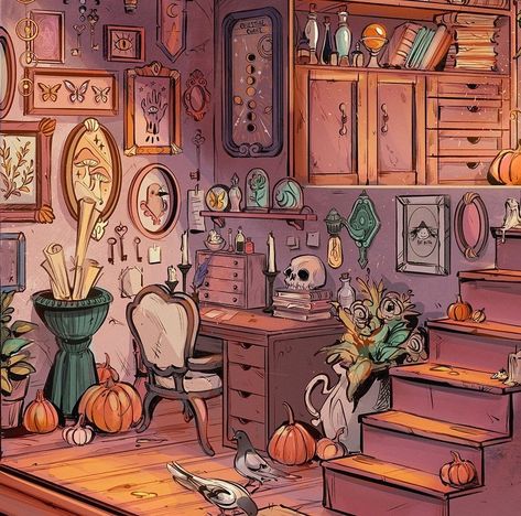 Gretlusky Art, Witch Bedrooms, Witch Room, Characters Inspiration, Bedroom Drawing, Procreate Illustration, Characters Inspiration Drawing, Autumn Illustration, Artist Sketchbook