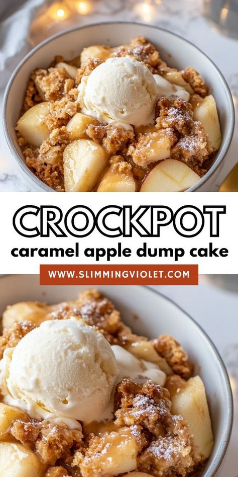 This caramel apple dump cake is the ultimate fall dessert, and it’s so easy to make in your crockpot! With a gooey caramel and apple filling, this dessert is sure to become a favorite. Save this pin for a cozy, indulgent treat! Apple Dump Cake With Spice Cake, Christmas Desserts Crockpot, Dump Cake Crockpot Recipes, Apple Pie Crockpot Recipe, Crockpot Christmas Desserts, Apple Dump Cake With Fresh Apples, Apple Crisp Dump Cake, Christmas Dump Cake Recipes, Apple Crisp Crockpot