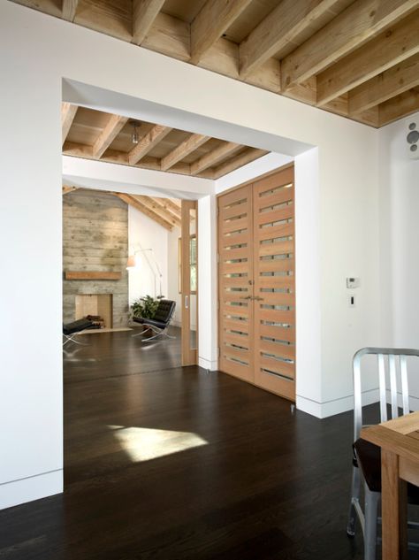 front door 13 Transitional Entry, Stair Ideas, Exposed Ceilings, Exposed Rafters, Open Ceiling, Entry Design, Black Tile, Concrete Fireplace, Dark Floors