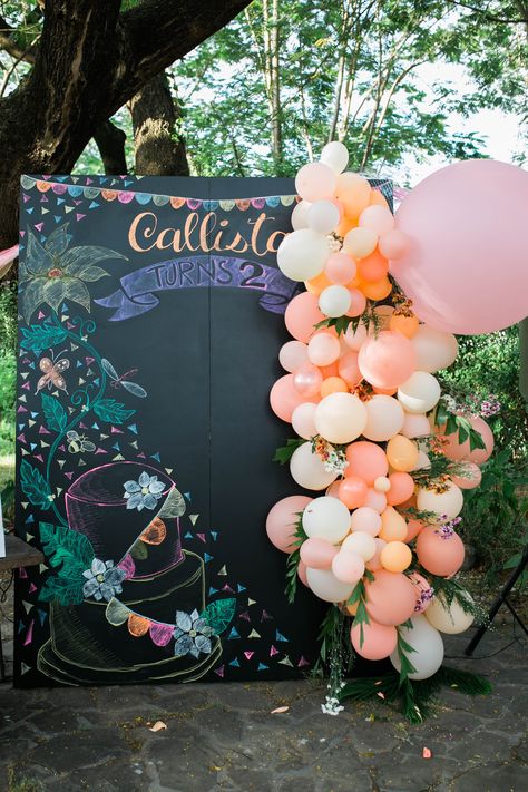 Balloon Garland on a Chalkboard Backdrop Chalkboard Backdrop, Backdrop Balloon, Design Balloon, Chalkboard Designs, 14th Birthday, Favorite Cartoon Character, Rental Company, Perfect Rug, Balloon Garland