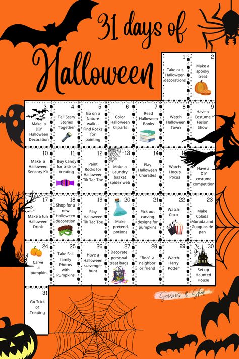 Countdown To Halloween Activities, 31 Halloween Activities, Halloween To Do List 31 Days Of, Halloween 31 Day Challenge, Spooky Season Calendar, Aesthetic Halloween Activities, October Dress Up Days, Halloween Theme Week Ideas, Daily Halloween Activities