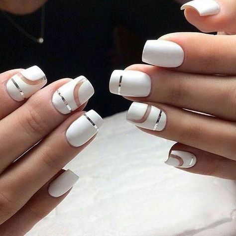 Manicure Geometric Nail Art Ideas – OSTTY Gem Nail Designs, Wedding Nail Art Design, Line Nail Art, Bridal Nail Art, Geometric Nail Art, White Acrylic Nails, Geometric Nail, Lines On Nails, White Nail Designs