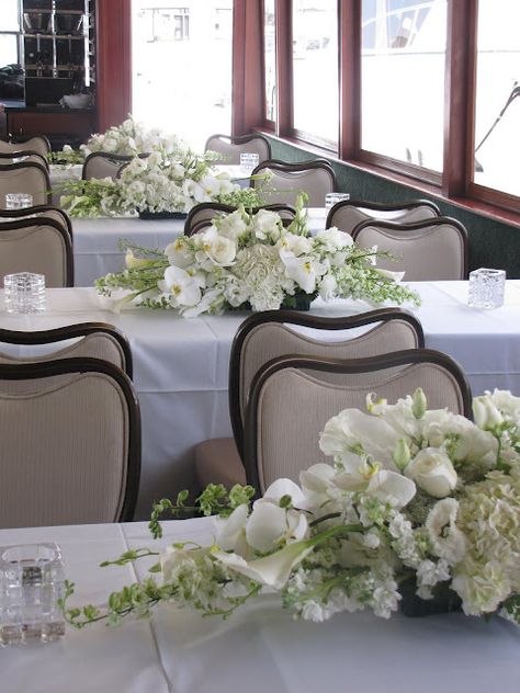 Long And Low Floral Centerpiece, Low Centerpieces Wedding, Long And Low Centerpiece, Calla Lillies Centerpieces, Long Centerpieces, White Reception Decor, December Flowers, Bridal Table Flowers, Calla Lily Centerpieces