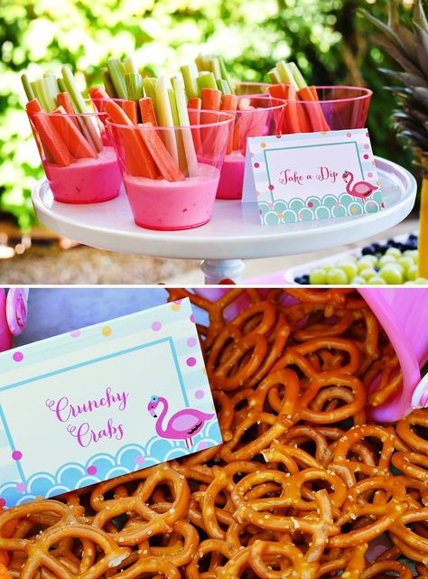 Flamingo Birthday Party Food Ideas, Lets Flamingle Pool Party, Pretty In Pink Party Ideas, Flamingo Pool Party Ideas, Baby Shower Pool Party, Garden Pool Party, Flamingo Party Food, Flamingo Pool Party, Pink Flamingo Pool