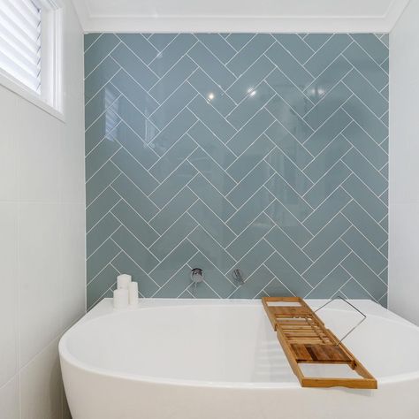 Subway Tile Feature Wall Bathroom, Sky Blue Tiles Bathroom, Blue Subway Tile Bathroom, Blue Herringbone Tile Bathroom, Herringbone Bathroom Wall, Bathroom Herringbone Tile, Sky Blue Bathroom, Kitchen Subway Tiles, White Tile Bathroom Walls