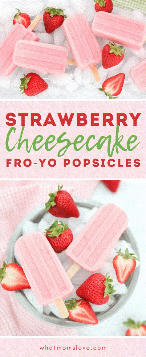 Home Made Popsicles Healthy, Healthy Strawberry Cheesecake, تشيز كيك بالفراولة, Popsicle Recipe For Kids, Summer Popsicle Recipes, Creamy Popsicles, Cheesecake Healthy, Frozen Yogurt Pops, Dessert For Kids