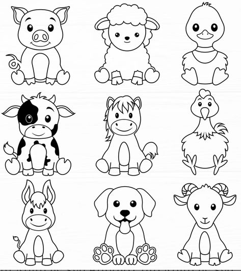 Farm Animals Simple Drawings, Draw Easy Animals, Animals Coloring Pages For Kids, Farm Animal Paintings, Dog Template, Farm Animal Crafts, Easy Animal Drawings, Animals Printable, Easy Art For Kids