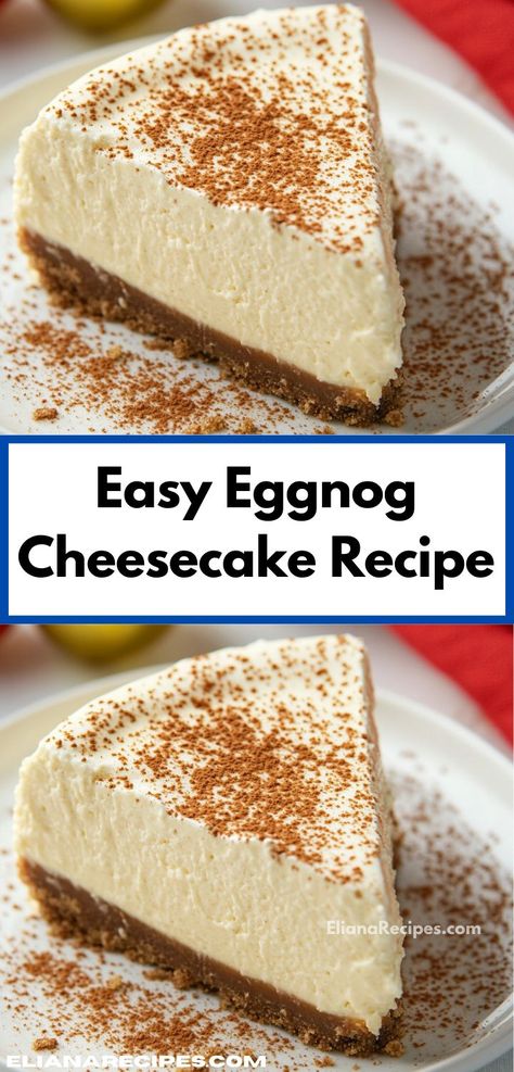 Experience the festive flavors of eggnog in this delicious cheesecake. With a smooth and velvety texture, it combines traditional cheesecake elements with a hint of nutmeg and cinnamon for a seasonal treat. Easy Eggnog Cheesecake, Eggnog Cheesecake Recipe, Traditional Cheesecake, Eggnog Dessert, Holiday Eggnog, Creamy Eggnog, Eggnog Cheesecake, Christmas Dinner Menu, Festive Desserts