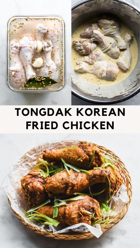 Tongdak Korean Fried Chicken in brine, batter, and deep fried Korean Chicken Breast Recipes, Soy Garlic Korean Fried Chicken, Whole Fried Chicken, Korean Chicken Recipe, Korean Fried Chicken Recipe, Fried Chicken Drumsticks, Japanese Fried Chicken, Korean Chicken, Korean Fried Chicken