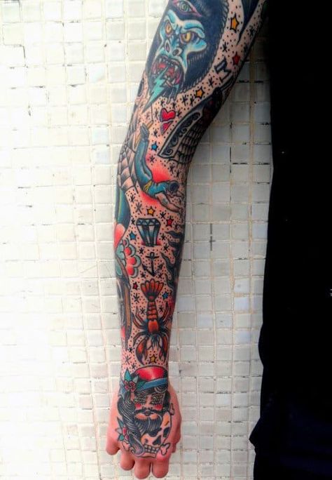 Traditional Tattoo Sleeve Filler, Cover Ups Tattoo, Traditional Tattoo Arm, Old School Sleeve, American Style Tattoo, Traditional Tattoo Filler, Old School Tattoo Sleeve, American Traditional Sleeve, Traditional Tattoo Man