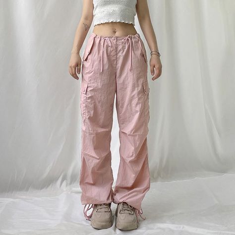 ARAYDE - Low-Waist Drawstring Cargo Pants Y2k Cargo Pants Png, Pink Baggy Parachute Pants, Really Baggy Pants, Coquette Cargo Pants, Pastel Baggy Outfits, Pastel Cargo Pants, Pink Parachute Pants Outfit, Low Cargo Pants, Low Rise Baggy Pants