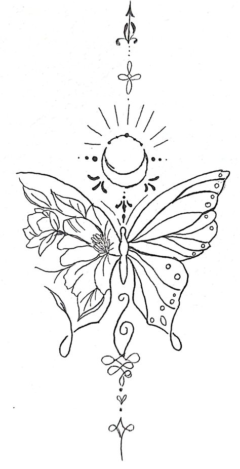 Butterfly Planet Tattoo, Butterfly Crescent Moon Tattoo, Half Flower Half Butterfly Drawing, Butterfly Tattoo Spine Tat, Crystal Butterfly Drawing, Planet Flower Tattoo, Butterfly Space Tattoo, Cosmic Butterfly Tattoo, Sun Moon Butterfly Tattoo