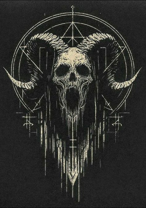 Satanic Goth Aesthetic, Dark Occult Tattoo, Skull With Horns Drawing, Satanic Goat Skull Tattoo, Satanic Drawings, Occult Art Dark, Abstract Dark Art, Satanic Tattoo, Demonic Skull