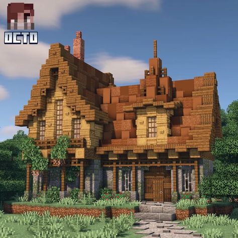 Minecraft Oak Village Ideas, Minecraft House With Stable, Minecraft Mine Enterence, Librarian Villager House Minecraft, Minecraft Village Town Hall, Small House Medival Minecraft, Minecraft Medieval Town House, Autumn Minecraft House, Rustic Minecraft Builds