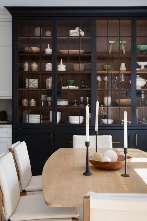 Dining Area Cabinets, Built In China Cabinet Dining Room Black, Black Dining Room Cabinets, Dresser In The Dining Room, Black China Cabinet Dining Room, Black Built Ins Dining Room, Modern Dining Hutch, Dining Storage Cabinet, Dining Cabinet Styling