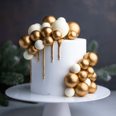 Cake White And Gold, Gold And White Cakes, Gold Cakes Birthday, Gold And White Cake Birthday, Cakes With Balls Decoration, White And Gold Cakes, Chocolate Ball Cake Decoration, Gold And Silver Cake, Cake With Balls Decoration