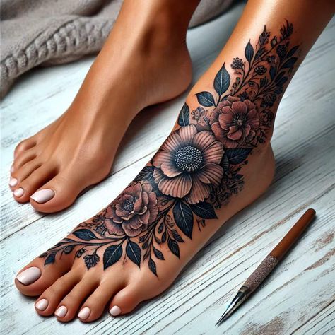 Lower Ankle Tattoos For Women, Feet And Ankle Tattoos, Western Style Tattoos For Women Sleeve, Foot Tatoos Woman, Foot Ankle Tattoos For Women, Full Foot Tattoos, Back Of Legs Tattoo, Flower Foot Tattoos For Women, Leg Tatoos Woman