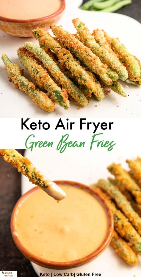 A stack of sir fried grren bean fries with a dipping sauce. French Fry Alternative, Fry Alternative, Green Bean Fries, Air Fried Green Beans, Air Fryer Recipes Keto, Air Fryer Recipes Low Carb, Bean Snacks, Keto Air Fryer, Veggie Fries