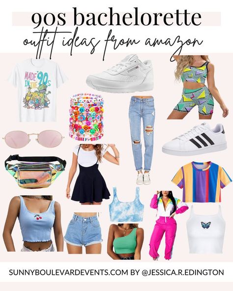 Planning a Bach to the 90s bachelorette party? I pulled together the best ideas for 90s bachelorette outfits for a 1990s throwback party. Featuring all the retro and nostalgic vibes, you can have a unique and fun 90s theme party with these Amazon finds! This pin includes 90s Party Outfit Ideas from AMAZON for a 30th birthday or 1990s throwback bachelorette party! Whether you are looking for a 90s windbreaker, 90s fashion ideas, colorful retro outfits, this pin is for you! 90s Themed 30th Birthday Party Outfit, 90s Bachelorette Party Outfit, 90s Birthday Party Theme Outfit, 90s Theme Party Outfit Women, 90s Fashion Outfits 1990s Party, Bachelorette Party Outfit Ideas, 90s Bachelorette Party, Outfit Ideas From Amazon, 90s Bachelorette