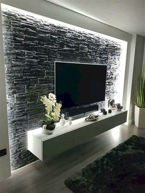 Modern Stone Wall, Wall Mounted Tv Stand, Mounted Tv Stand, Tv Wall Decor Ideas, Living Room Wall Designs, Studio Layout, Studio Apartment Divider, Studio Apartment Layout, Tv Wall Decor