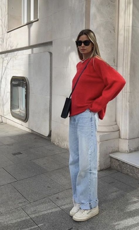 Women Winter Fashion 2024, Gray Chinos Outfit Women, Bright Color Fall Outfits, Red Oversized Sweater Outfit, Red Fleece Outfit, Light Wash Straight Leg Jeans Outfit, Oversized Red Sweater Outfit, Outfits 50 Year Old Woman, Red Linen Pants Outfit