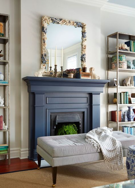 Bright Apartment Decor, Painted Fireplace Mantels, Paint Fireplace, Chicago Apartment, Bright Apartment, Fireplace Remodel, Home Fireplace, Blue Living Room, Fireplace Design