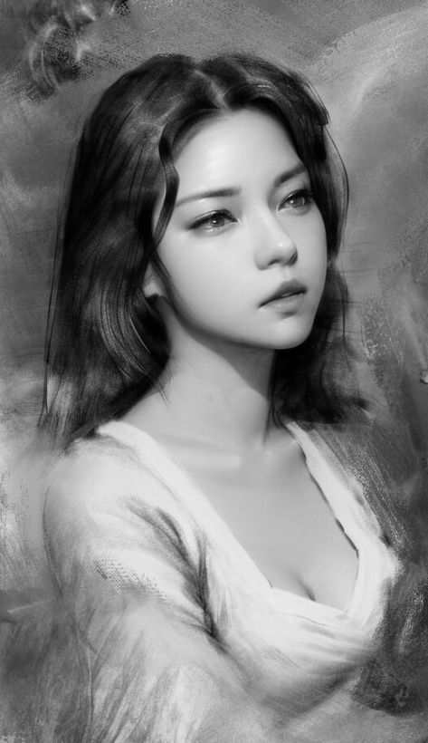 ArtStation - portrait, fesh Gray Scale Drawing Digital, Grayscale Portrait, Realistic Face Drawing, Girl Animation, Grayscale Art, Asian Faces, Portrait Tutorial, Semi Realistic, Scale Drawing