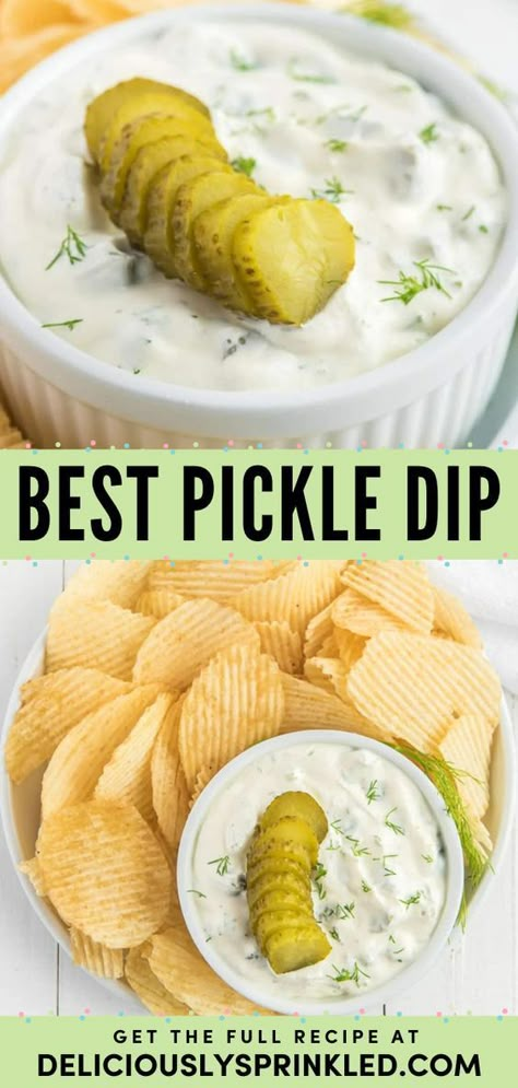 Look no further than the BEST Pickle Dip! It's the perfect party food. Packed with dill pickles, this cold dip has a unique flavor everyone will love! Save this easy appetizer recipe! 4th Of July Appetizers, Pickle Dip Recipe, July Appetizers, Boat Snacks, Cold Dip, Chip Dip Recipes, Easy Pickle, Pickle Dip, Best Pickles