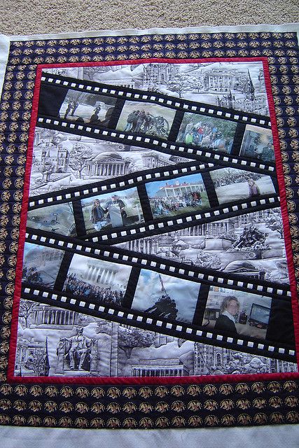 What a cute idea for a memory  #quilt  - filmstrips with photo blocks across the quilt.  This might be a great idea for the Harry Potter quilt or Doctor Who quilt I would like to make. Doctor Who Quilt, Black And White Quilt, Harry Potter Quilt, Photo Quilts, Memory Blanket, Quilt Studio, Tshirt Quilt, Picture Quilts, Quilting Studio