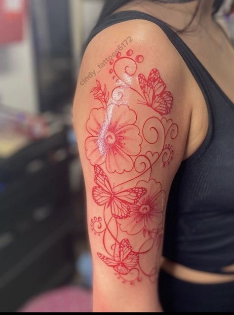 Red Ink Flower Tattoo Arm, Red Stomach Tattoos Women, Red Thigh Tattoos Black Women, Black And Red Tattoo Sleeve For Women, Red Half Sleeve Tattoos For Women, Red Female Tattoo, Red Ink Shoulder Tattoo, Red Thigh Tattoos Women, Pretty Shoulder Tattoos