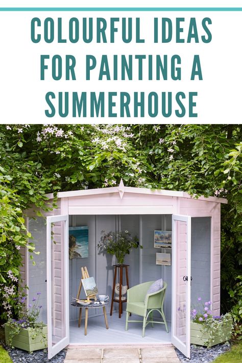 If you’re feeling nervous about going for a vibrant bold paint colour when painting a summerhouse, perhaps go for a shade that feels safer to you. You can then layer bolder colours through painted pots and furniture to challenge your boundaries! Pop over to the blog post for more tips... Summer House Of Colour, Summerhouse Colour Ideas, Summerhouse Colours, Painted Summerhouse Exterior, Pallet Summer House, Painted Garden Sheds, Summerhouses Garden Cabin, Bold Paint Colors, Cottage Retreat