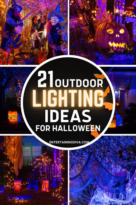 21 Outdoor Lighting Ideas For Halloween | Holidays Halloween Lights Outdoor Porch, Spooky Outdoor Halloween Decorations, Halloween Lights Diy, Front Yard Halloween, Spooky Outdoor Halloween Decor, Halloween Disco, Halloween Lighting, Halloween Lighting Outdoor, Scary Halloween Decorations Outdoor