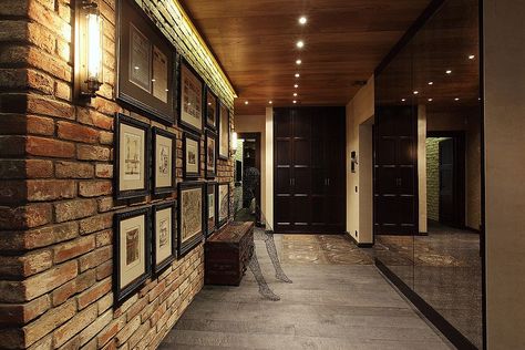 ~ Living a Beautiful Life ~ Industrial entry with brick wall and sculptural addition - Decoist Entryway Gallery Wall, Industrial Hallway, New York Penthouse, Ryan Homes, Living Wall Decor, Small Apartment Design, Stunning Interior Design, Foyer Design, House Stairs