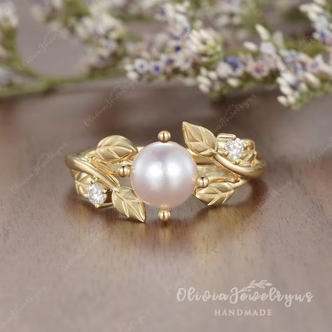 6mm Natural Pearl Ring Yellow Gold Akoya Pearl Engagement Ring Vintage Leaf Ring Round Cut Art Deco Pearl Ring Dainty Bridal Gold Ring - Etsy Pearl Ring Designs Unique, Wedding Ring Pearl, Pearl And Diamond Engagement Ring, Pearl Engagement Ring Vintage, Pearl Ring Design, Pearl Ring Gold, Delicate Gold Bracelet, Pearl Wedding Ring, Natural Pearl Ring