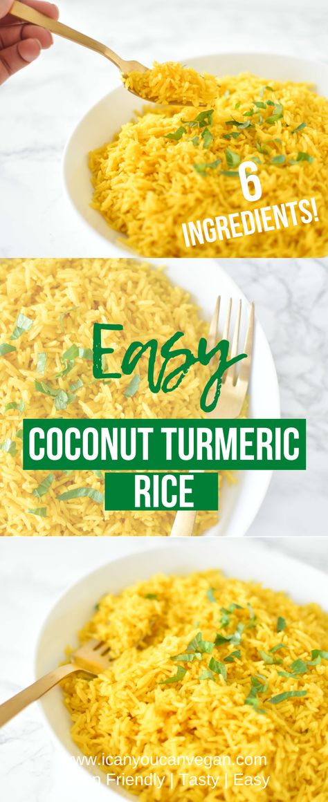 This easy Coconut Turmeric Rice is the perfect side dish to any meal! To make this dish you'll need just six ingredients. It's made in one pot, fluffy and flavorful! It's perfect for weeknight dinners and makes for a great side dish for your favorite meals. This recipe is made with basmati rice and simmered in spices, vegetable broth + full fat coconut milk. #CoconutRice #TurmericRice #CoconutTurmericRice #TurmericRecipes #CoconutRecipes #VeganSideDish #SideDish #FlavoredRice #GoldenRice Coconut Turmeric Rice, Basmati Rice Recipes Easy, Turmeric Rice Recipe, Basmati Rice Recipes, Turmeric Rice, Coconut Rice Recipe, Turmeric Recipes, Easy Rice Recipes, Vegan Side Dishes