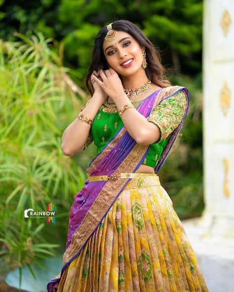 Traditional Half Saree Photoshoot Poses, Poses In Half Saree For Photoshoot, Half Saree Function Photoshoot Poses, Half Saree Outdoor Stills, Half Saree Stills Indoor, Half Saree Photoshoot Poses, Poses In Half Saree, Half Saree Poses Photoshoot Ideas, Half Saree Function Stills