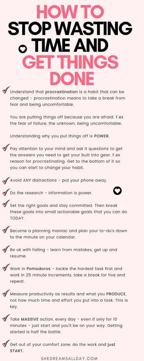 How to finally stop wasting time and get things done. Learn how to stop procrastinating and get more stuff done in a day. Get better at time management and be your most productive self with these handy tips. #productivity #timemanagement #personaldevelopment Stop Procrastinating, Stop Wasting Time, Get Things Done, How To Stop Procrastinating, Time Management Tips, Self Care Activities, Management Tips, Self Improvement Tips, Wasting Time