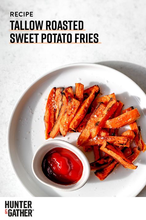 Best ever sweet potato fries ft. our latest product: Organic Tallow 🙌 Potato Fries Recipes, Roasted Sweet Potato Fries, Sweet Potato Chips Recipe, Potato Chips Recipe, Recipes Sweet Potato, Fries Recipes, Grass Fed Steak, Sweet Potato Recipes Fries, Chipped Beef